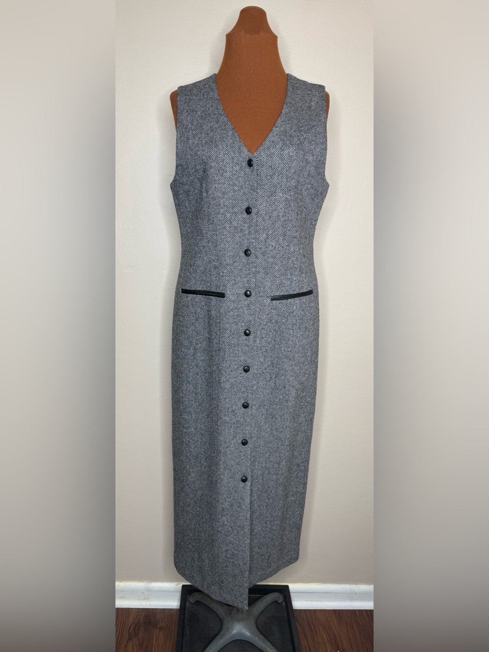 Talbots Classic Gray WooHerringbone Button-Front Jumper Midi Dress Vintage Sz 6